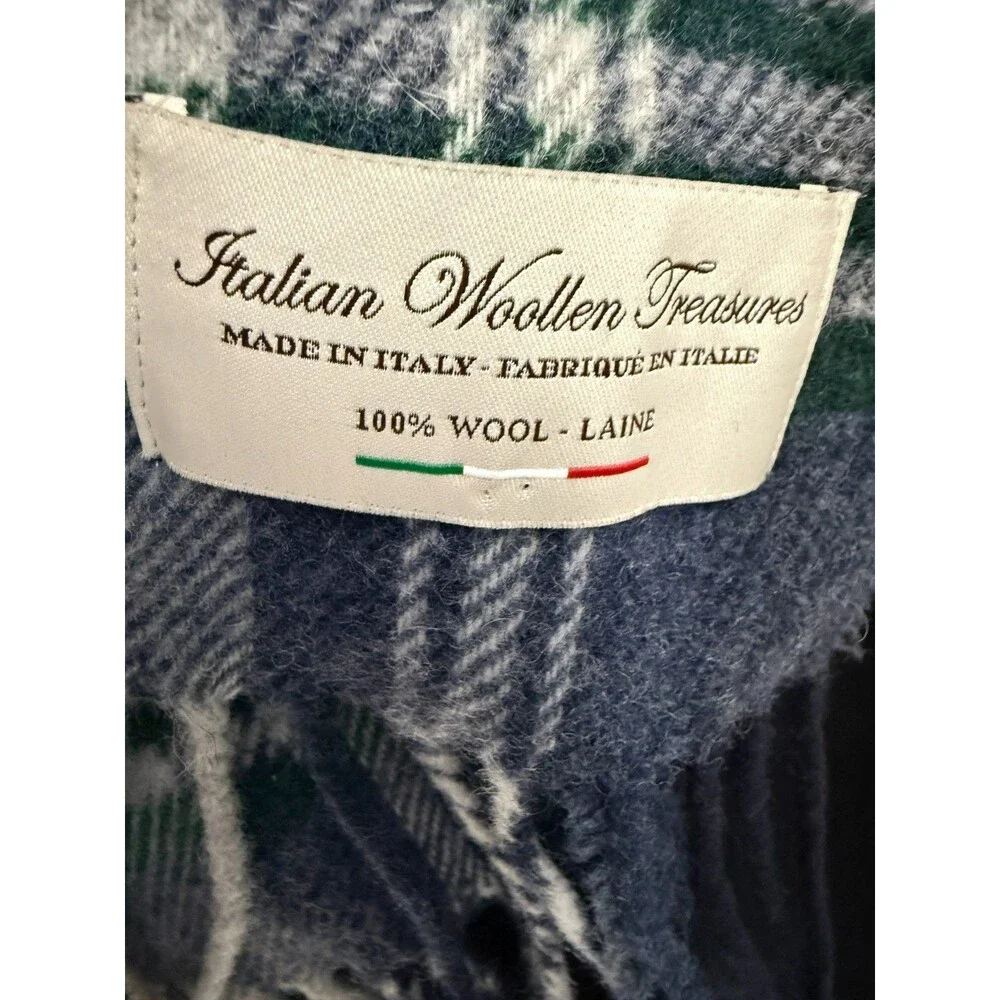 Unisex Wool Scarf Italian Woolen Treasures Plaid Blue Green Gold Italy 72